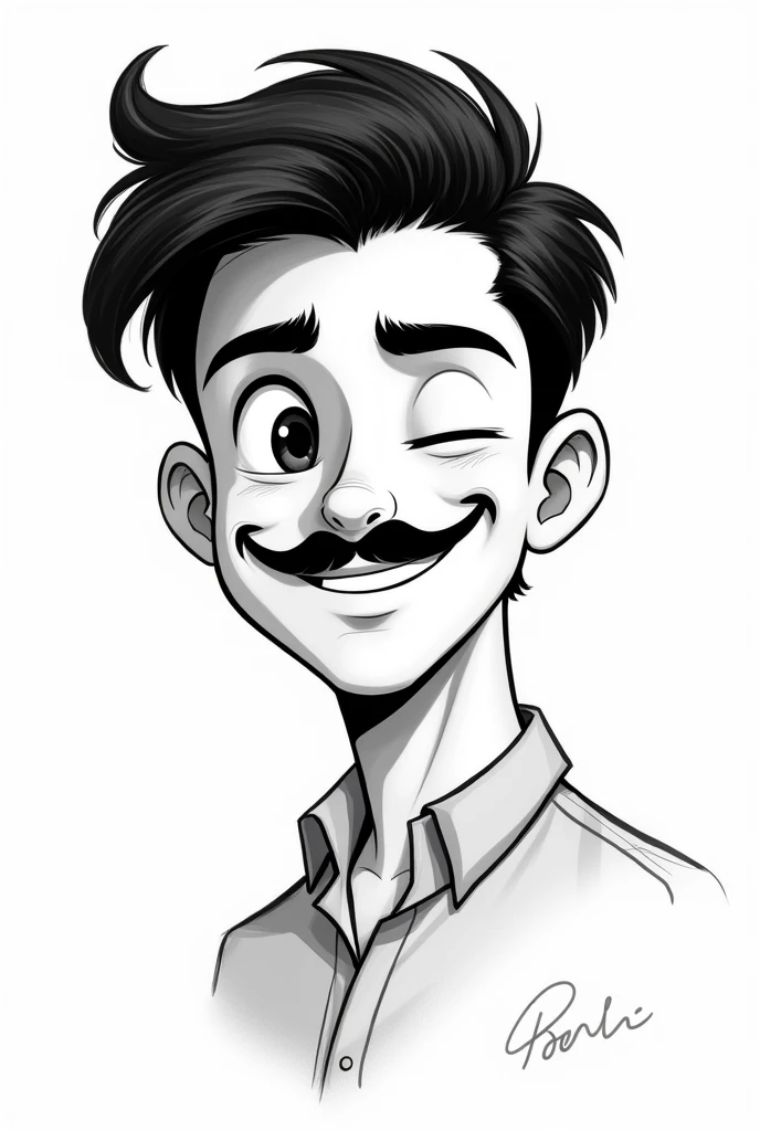 a black and white sketch of a handsome young guy smiling and winking. he should have a thin black mustache and short black hair. don't make it too cartoony though. 