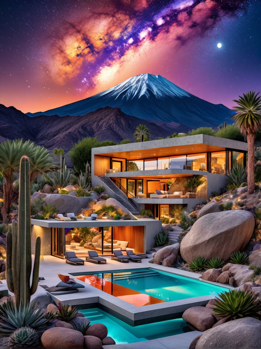 small and beautiful modern house in top of big boulders, terraces, pool, stairs, multiple cacti gardens, palms, trees, rocks, beautiful landscape design, mountains and volcano y background, amazing clouds, sun, moon, planets, milky way galaxy, concrete, wood, glass and steel materials, olive green, violet, orange and withe colors in facade