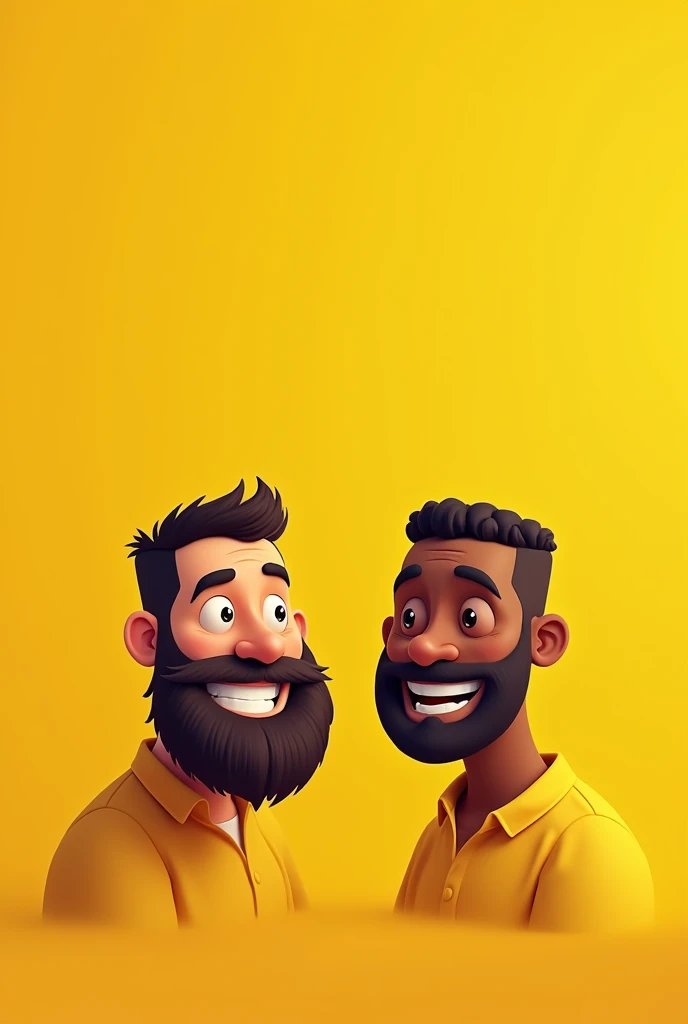 Create a yellow background flayer where a black text appears that says What do you say?? And only the disembodied face of a fat guy with a beard smiling and a skinny, dark-skinned guy without a beard smiling in a 2D cartoon style with the style of a school of nothing come out.