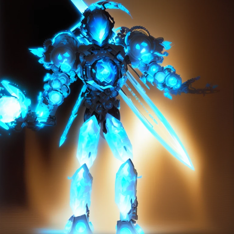 there is a picture,The painting is of a man holding a sword、man wearing helmet, sunpunk human, Wearing ethereal armor, Complex luminous mech, Detailed cosmic angel robot, Ice crystal armor, Anime robot mixed with organic, ornate exoskeleton, Beautiful biomechanical deity, sunpunk!!!, Simple futuristic robot queen, clear clothing design