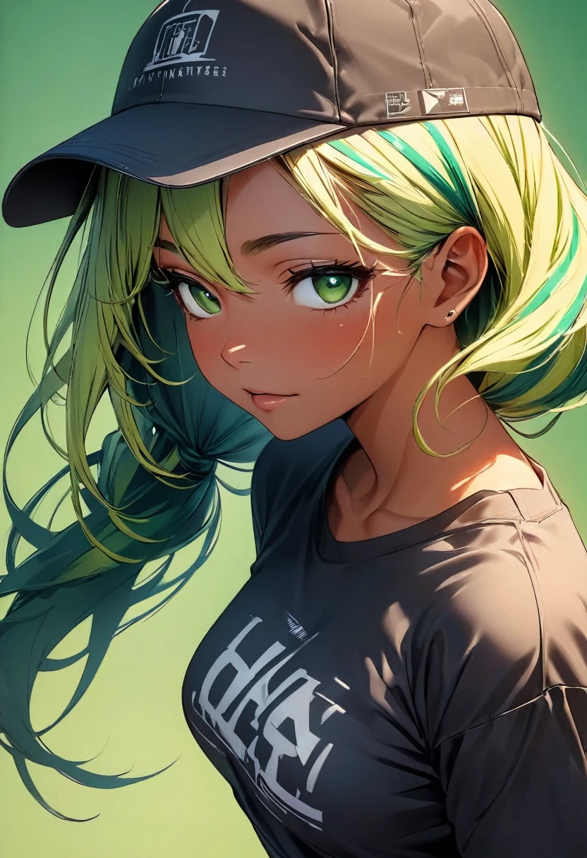 (highest quality:1.2, Very detailed, up to date, Vibrant, Ultra-high resolution, High Contrast, masterpiece:1.2, highest quality, Best aesthetics), Portraiture、girl、((25 years old:1.5)), (slim:1.2), 25-years-old, (black trucker cap:1.3), (black t-shirt), jeans, Bright colors、Beautiful fine details、Beautiful lip detail、long hair, (low ponytail:1.3), white and yellow green ((streaked hair:1.6)), highlights hair: 1.5, (small breast,:1) (tan skin:1.2), ((Plain green background:1.6)), lineart, ((two toned:1.7)), ((cowboy shot:1.5)), clean line drawings, standing, look at viewer, from front