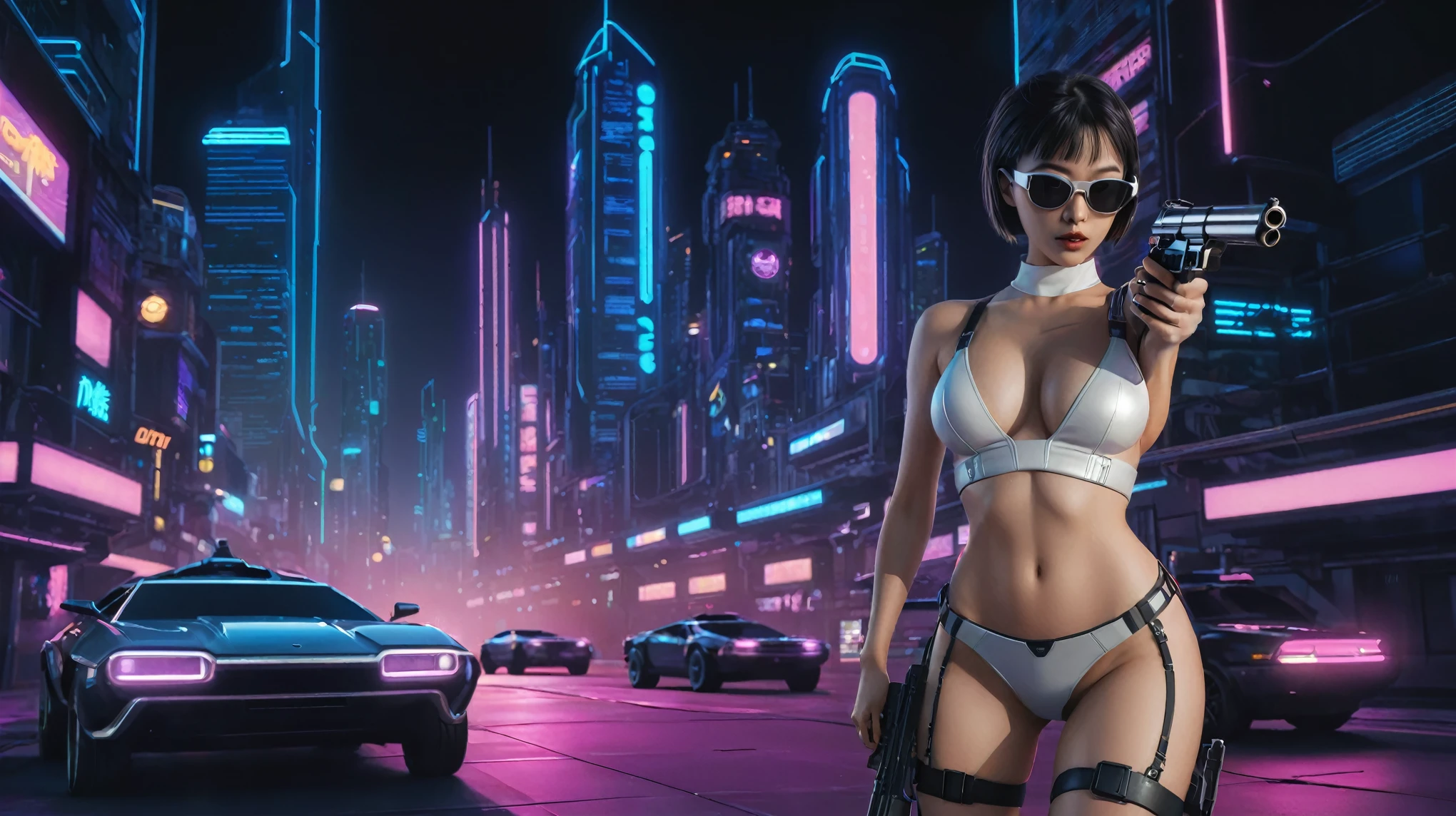 At night, simple outlined cyberpunk city, flying cars, line art background. (1girl, solo), photo realistic, medium-breast:1.3 slim body, cleavage, sling top, miniskirt, black sunglasses, holding a short gun, half-body thigh level medium shot, cinematic lighting, ray tracing.