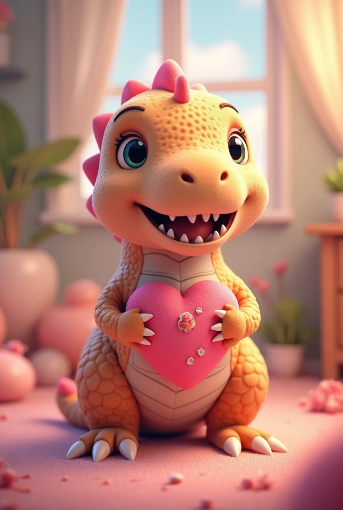 A cute dinosaur in a heart-shaped outfit 