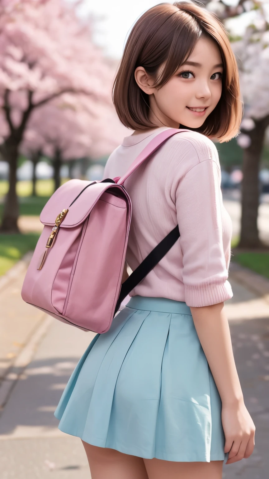 girl with a school bag turns around and looks at me in the row of cherry blossom trees, her skirt rides up, embarrassed expression, cotton underwear, skirt pulled up, skirt flipped up, dynamic