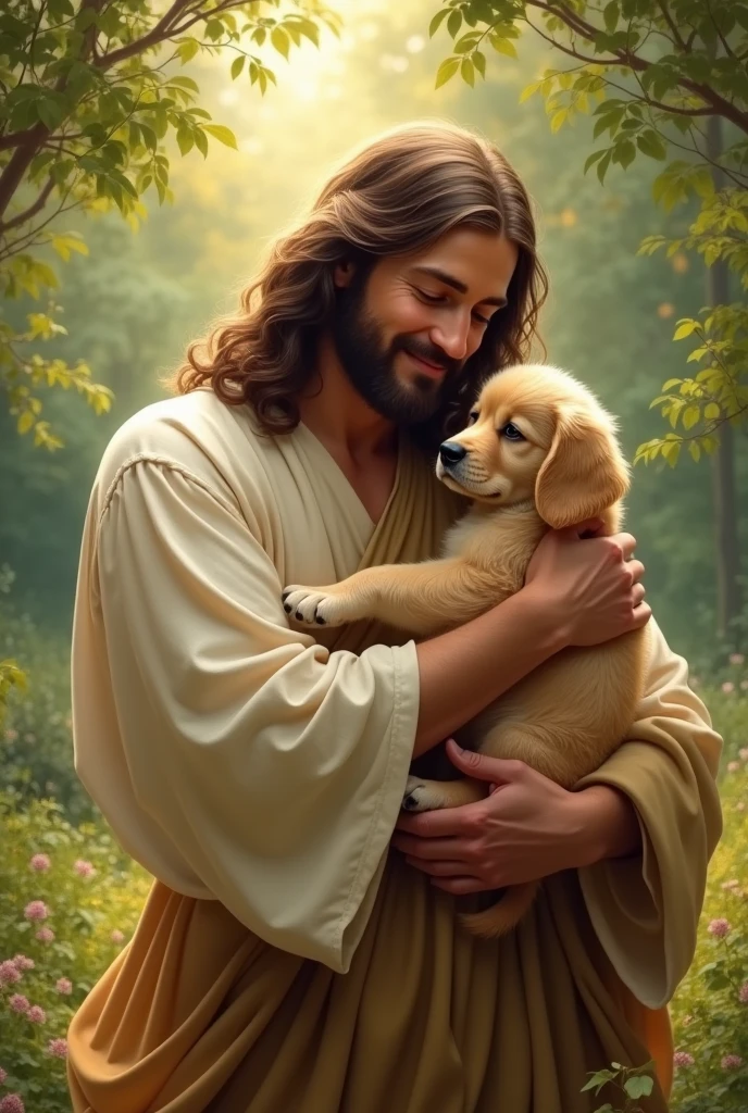 Jesus Christ hugging a puppy, he is smiling

