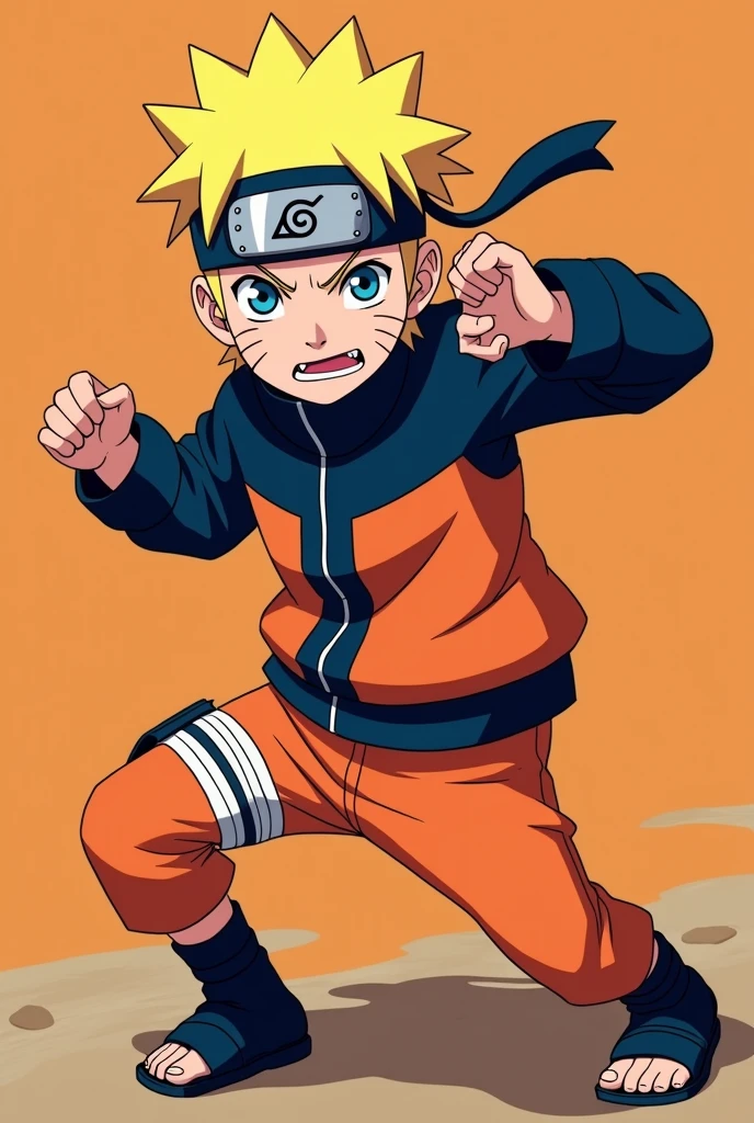 Naruto, young ninja, orange jumpsuit, headband, determined expression, dynamic pose, anime style, vibrant colors, Masashi Kishimoto art style
