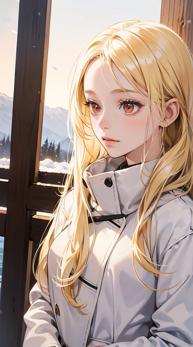 1girl, 30 years old, mature, winter clothes, blonde hair, long hair, blonde, red eyes, shy, wearing all white, eligant posture, beautiful