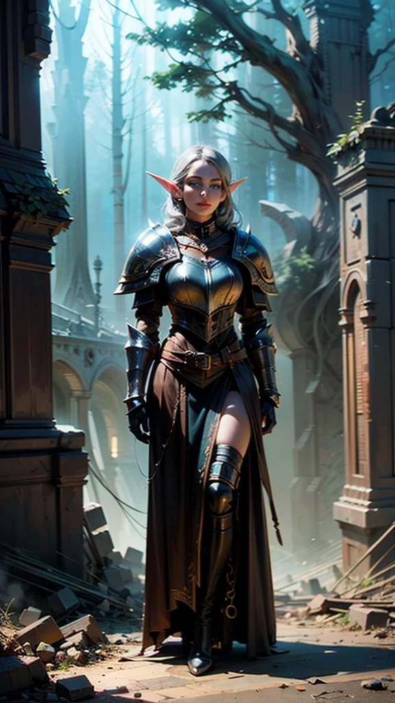 (Numerous award-winning masterpiece, with incredible detail, textures and maximum detail), (hyper realistic:1.4), (Full body image:1.8),((fantasy world)), (Beautiful elf female hunter:1.8),(languid and bewitching smile on the lips:1.5)(Seductive Gaze:1.9), best quality real texture skin, (bewitching finely Detailed and beautiful face:1.6),(Wearing a hunter leather armor set:1.99)(Image of aesthetic and decadent atmosphere:1.9), (fair but beautiful skin and face:1.8), (wearing many decadent and delicately crafted accessories:1.8),(Two eyes that emit strong green light from inside:1.4), ((dramatic photo)), ((cinematic light)),(dramatic pose), (smoke effects and bewitching light:1.4), (beautiful silver hair, Wind Effects:1.6), (Ruins of an old castle:1.7), (forest:1.6), pic realistic, faded, ((neutral colors)), art, (hdr:1.5), (muted colors:1.2), hyper detailed, (art station:1.5), cinematic, warm lights, light effect, dramatic light, (intricate details:1.1), complex background,