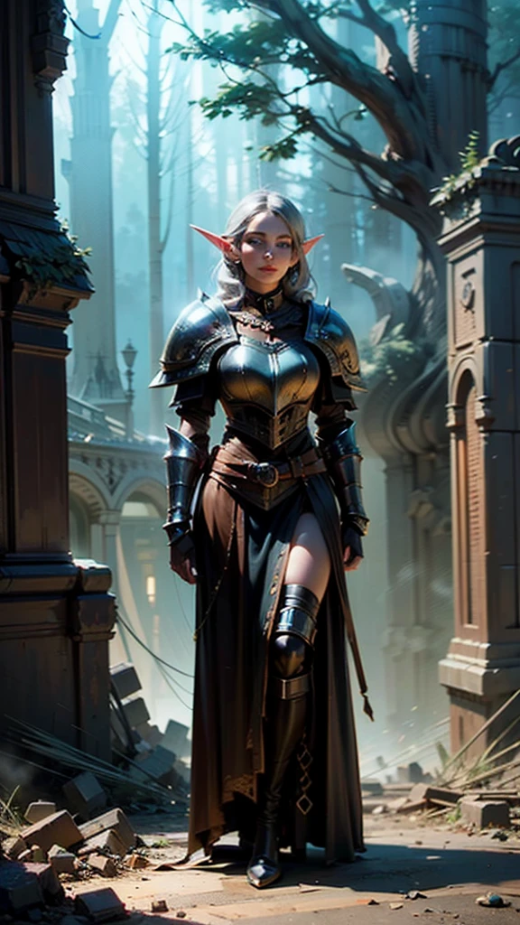 (Numerous award-winning masterpiece, with incredible detail, textures and maximum detail), (hyper realistic:1.4), (Full body image:1.8),((fantasy world)), (Beautiful elf female hunter:1.8),(languid and bewitching smile on the lips:1.5)(Seductive Gaze:1.9), best quality real texture skin, (bewitching finely Detailed and beautiful face:1.6),(Wearing a hunter leather armor set:1.99)(Image of aesthetic and decadent atmosphere:1.9), (fair but beautiful skin and face:1.8), (wearing many decadent and delicately crafted accessories:1.8),(Two eyes that emit strong green light from inside:1.4), ((dramatic photo)), ((cinematic light)),(dramatic pose), (smoke effects and bewitching light:1.4), (beautiful silver hair, Wind Effects:1.6), (Ruins of an old castle:1.7), (forest:1.6), pic realistic, faded, ((neutral colors)), art, (hdr:1.5), (muted colors:1.2), hyper detailed, (art station:1.5), cinematic, warm lights, light effect, dramatic light, (intricate details:1.1), complex background,