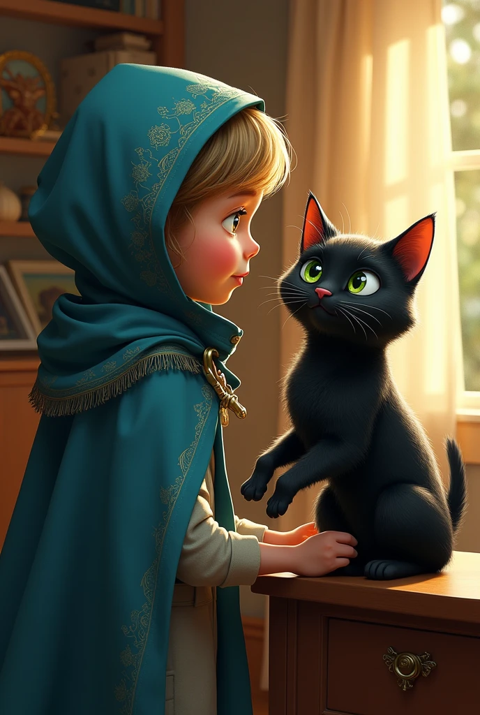 Girl with blue cape arrives home where her grandmother is and tells her what happened and shows her the black cat with green eyes