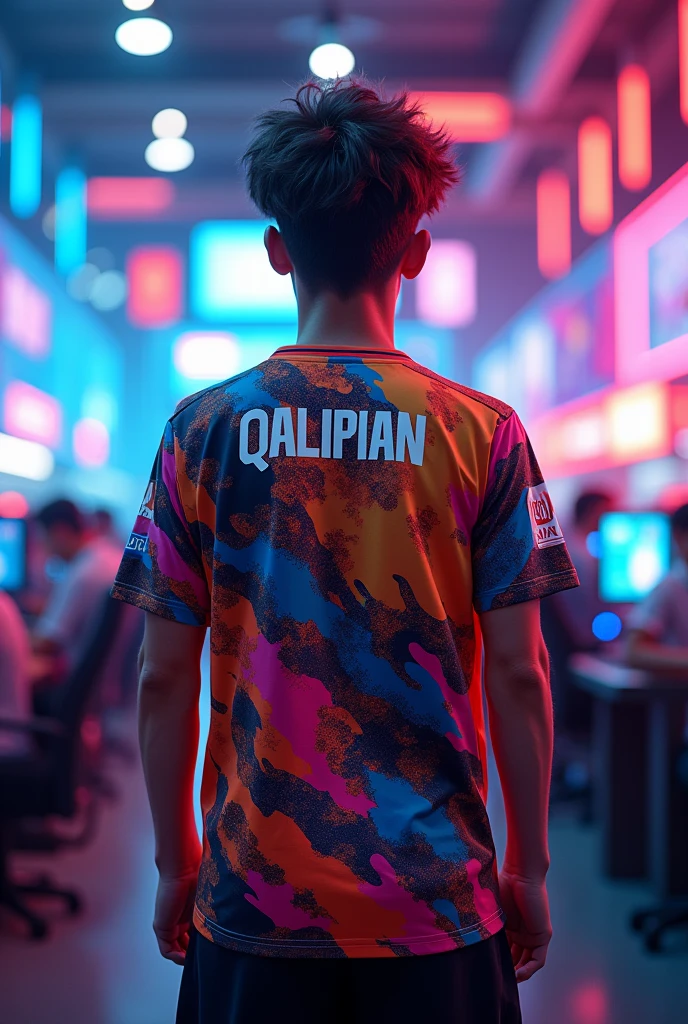 A young man with a esports jersy and has a QaLipian name on the back