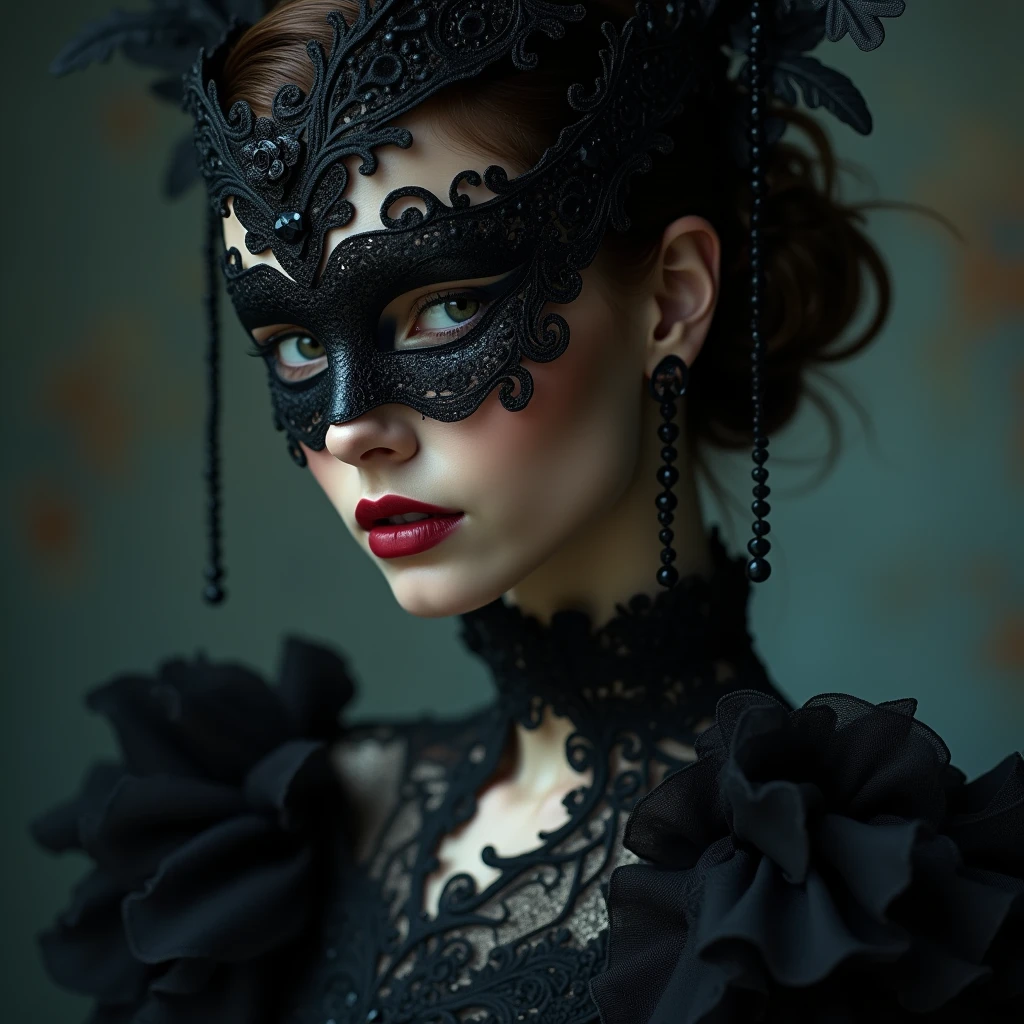 a close up of a person wearing a mask, dreamy gothic girl, elegant render, half body photo, mistress, photoshop render, ebony rococo, elegant girl, female spy, haunting beautiful young woman, super-hero girl, extravagant dress, beauty girl