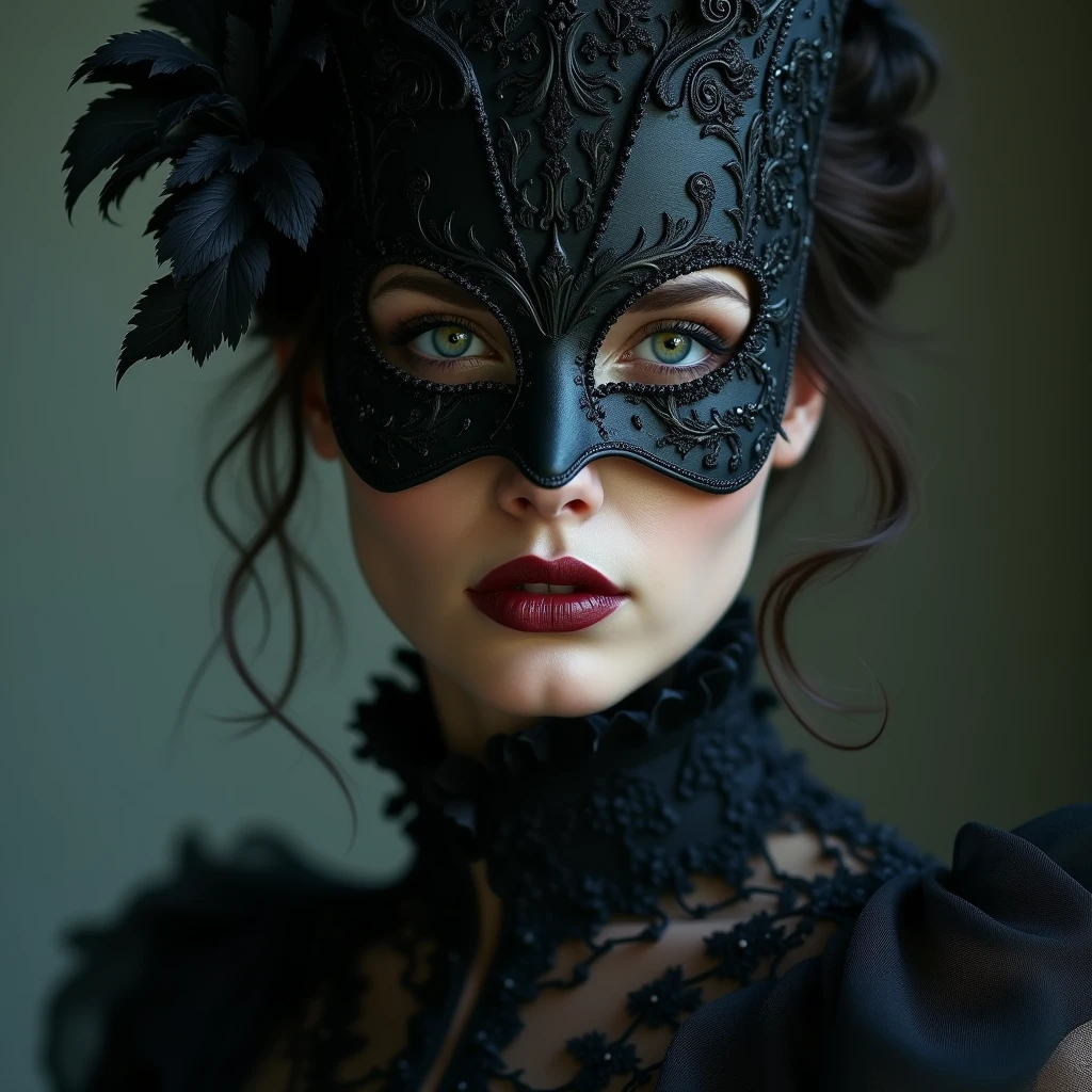 a close up of a person wearing a mask, dreamy gothic girl, elegant render, half body photo, mistress, photoshop render, ebony rococo, elegant girl, female spy, haunting beautiful young woman, super-hero girl, extravagant dress, beauty girl