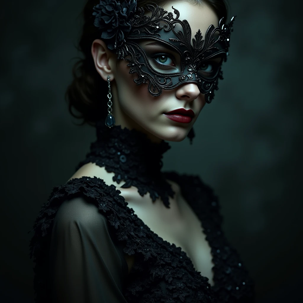 a close up of a person wearing a mask, dreamy gothic girl, elegant render, half body photo, mistress, photoshop render, ebony rococo, elegant girl, female spy, haunting beautiful young woman, super-hero girl, extravagant dress, beauty girl