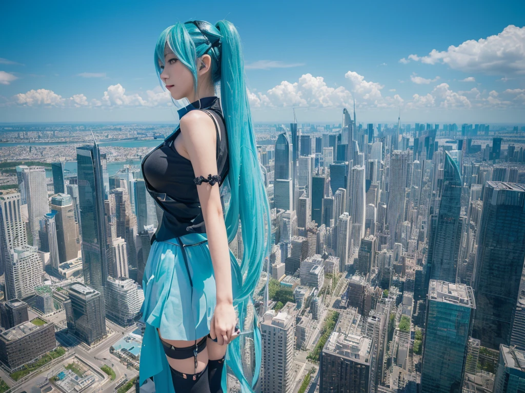 ((Description of Super Giant、8k、Realistic、Hatsune Miku、Cosplay、Japanese women、Cosplayイヤー、Large Breasts、非常に詳細なDescription of Super Giant、Much larger than a skyscraper、very small metropolis, Miniature metropolis, 靴の高さしかないMiniature metropolisで、Full body description、Walking from afar、top view))、((Clone avatar depiction、Ultra HD、Hatsune Mikuが10 peopleいる、one girl clones、Highly detailed avatar art、Hatsune Mikuがたくさん、Hatsune Mikuのクローン増殖、10 people、10、10 peopleに分身、Far and near configuration))