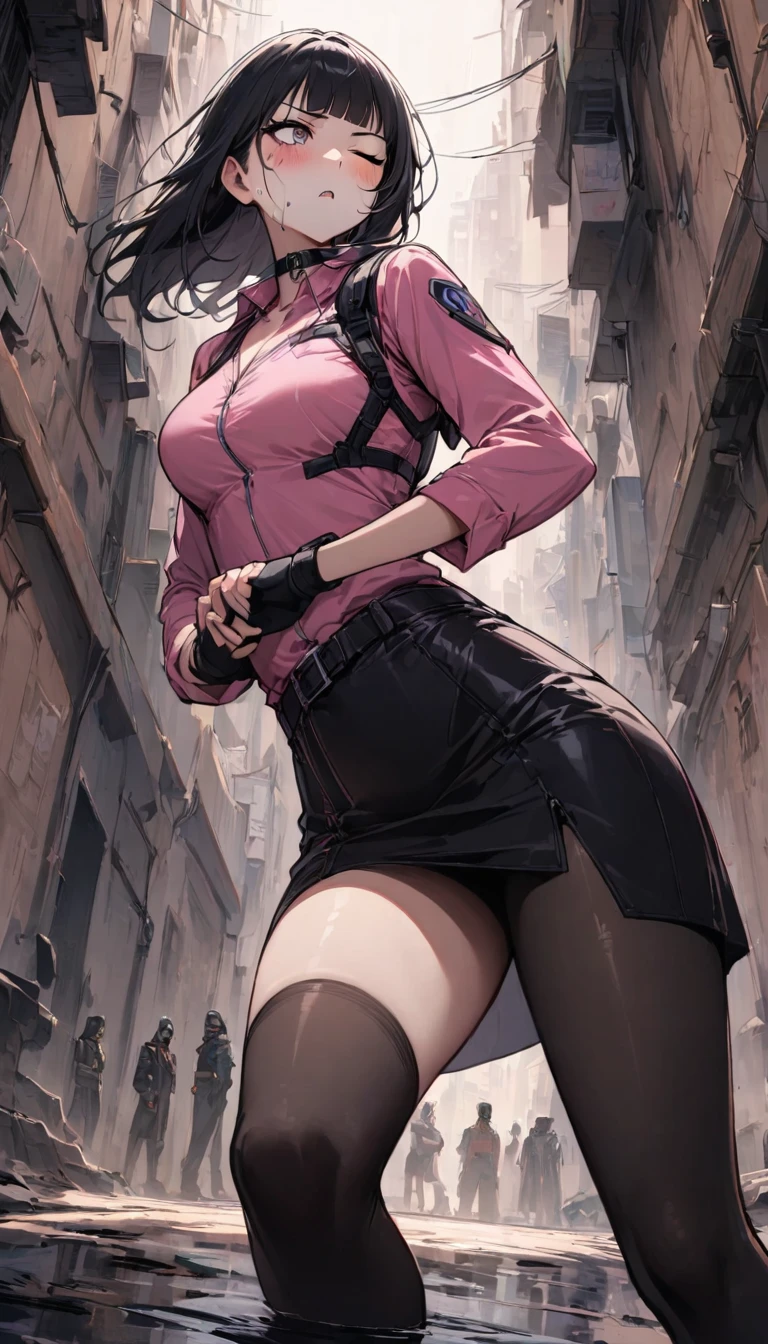 {{standing on one knee:1.6}},{{knee up:1.6}},{{hold down one's stomach with one's hands:1.6}},Dynamic composition,dutch angle,from below,from side,solo,170cm tall female, theatrical animation style{{Black pantyhose:1.2}}, Power Rangers pre-transformation heroine,{{Futuristic zip-up police shirts with collar}}, Long-sleeved shirt with rolled-up arms,{{Pink-based shirt:1.6}},pink shirt,BLACK PENCIL SKIRT, BLACK SKIRT,,{{small face:1.8}},{{Grit your teeth:1.4}},{{fighting stance:1.6}}{{fight:1.6}}{{masterpiece}}, {{{Highest quality}}},{{Very detailed}},{{Pain ,Suffering}},one eye closed,{{critical situation:1.6}},{}},1girl,30years old,{Mature Woman}},{{}},{{Grit your teeth:1.4}},,{{v-shaped eyebrows}},Bad mood,blush,Sweat,raise one's eyebrows、black fingerless gloves,Bad mood,profound,Beautiful thighs,clavicle、chest holster,BLACK Long Hair,Blunt bangs,Alley,Black Choker,belt