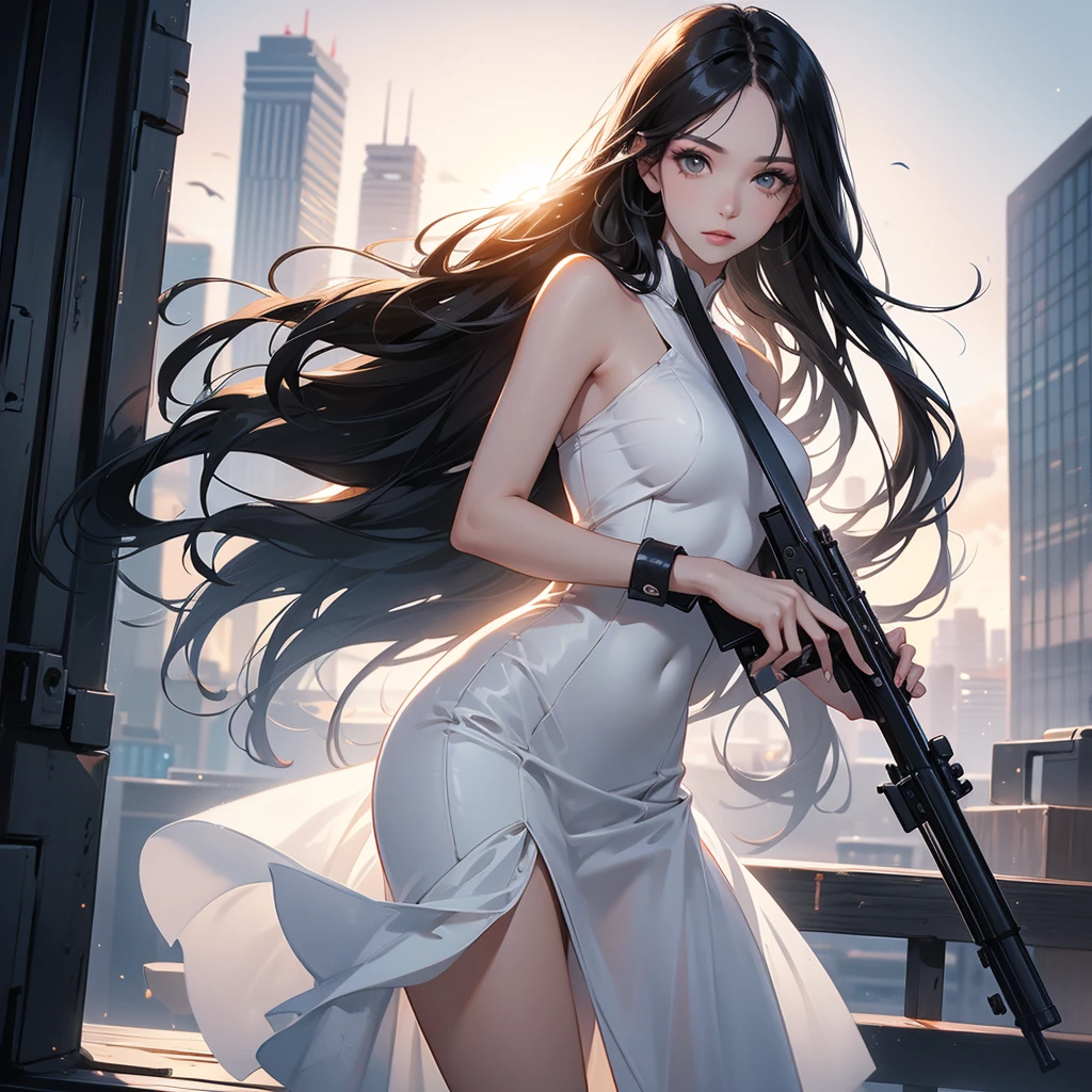 a beautiful woman with long black hair, wearing a tight white dress, standing holding a pistol, aiming the barrel at the bad guys, on a tall building, the sun is setting, close up.