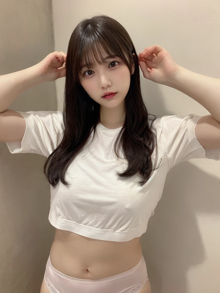 live-action、22 years old、The whole body is shown:1.2、muste piece, highest quality, super detailed, finely, High resolution, 8k wallpaper, perfect dynamic composition, i am a photographer, she is a model, detailed and beautiful eyes,I can see the nipples:1.2、I can see your breasts, long hair, big breasts, natural color lip, random sexy poses, Plain wall background, selfie, white t-shirts,mini skirt, i can look underwear, i can look feet