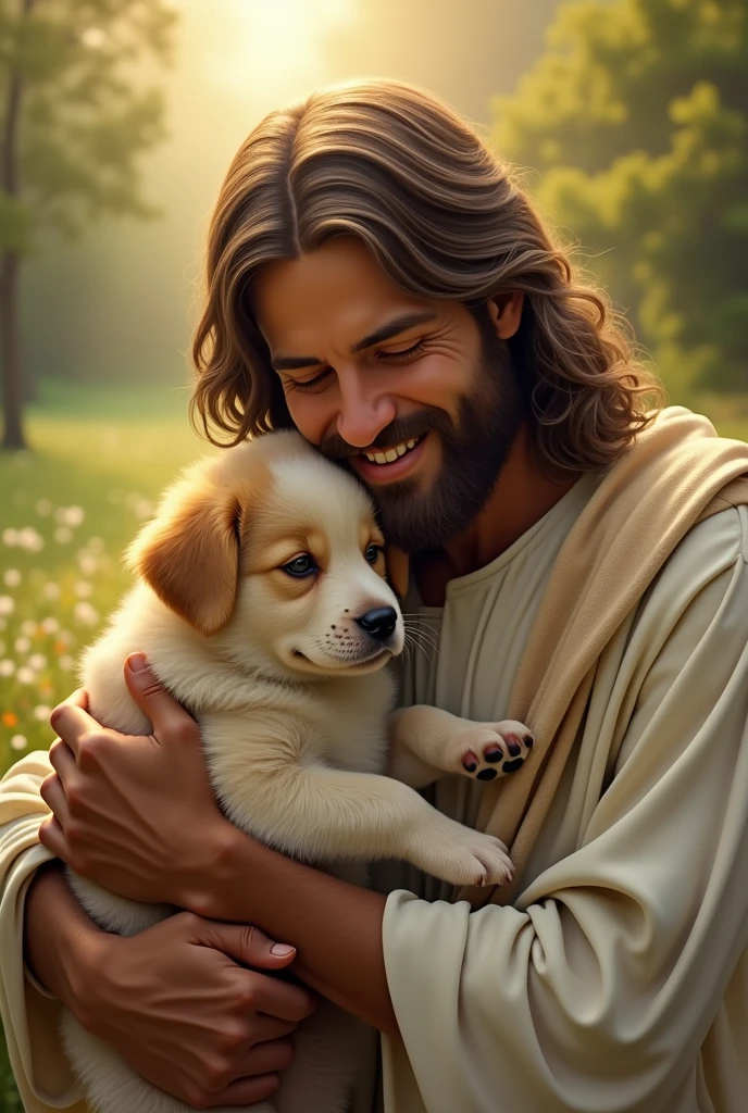 Jesus Christ hugging a puppy, he is smiling
