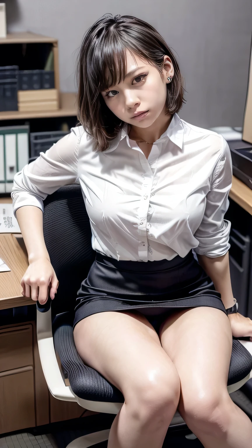 (((A woman sits in a chair in an office in Tokyo:1.5)、With background))、(Realistic、Like a photograph、Live Action、8k, Realistic, RAW Photos, Best image quality: 1.4), Single-lens reflex camera、RAW Photos, Highest quality, Realistic, Highly detailed CG Unity 8k wallpaper, Written boundary depth, Cinematic Light, Lens flare, Ray Tracing, Realistic background、(Tight mini skirt:1.4、White shirt:1.2)、Grey Hair、short hair、((Ultra-Dense Skin))、 1 office lady、(whole body:1.5)、I like that style、Pay attention to the details、Perfect outfit、(White skin)、(Accurate Arm、Accurate feet、Beautiful legs、Anatomically correct body)、View from below