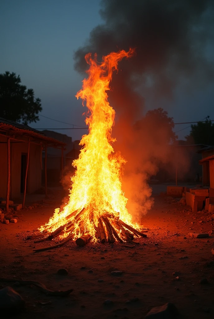 Create a picture of Indian village where burning ritual after death in taking place 