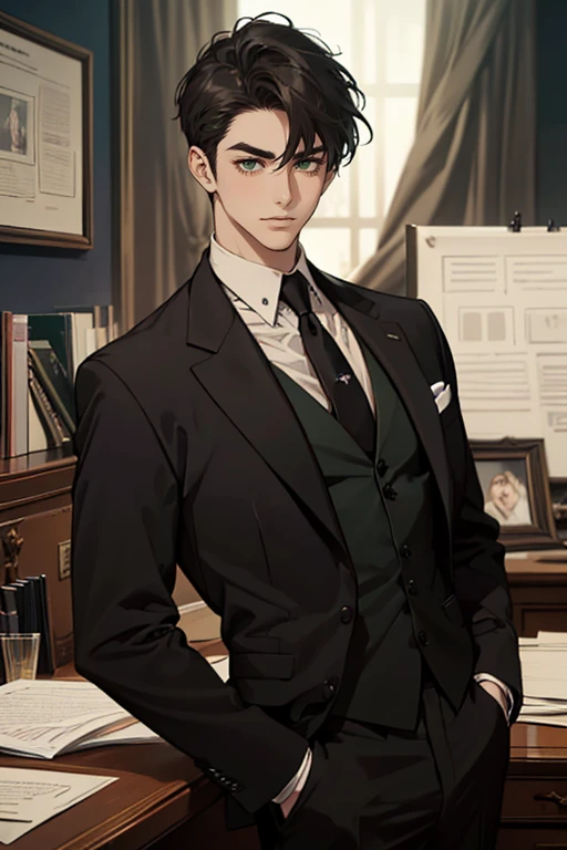((a young man in a black suit and tie)), taken in the early 2024s, gotham, alejandro, he looks very sophisticated, (((left side swept bang black short hair))), (dark green eyes and thick eyebrows), smirk. ((32 years old)), ((Black suite and black tie)), masterpiece, posture dynamic, one person, CEO, Office home.