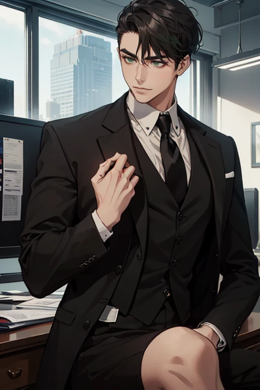 ((a young man in a black suit and tie)), taken in the early 2024s, gotham, alejandro, he looks very sophisticated, (((left side swept bang black short hair))), (dark green eyes and thick eyebrows), smirk. ((32 years old)), ((Black suite and black tie)), masterpiece, posture dynamic, one person, CEO, Office home.