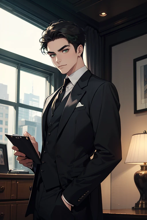 ((a young man in a black suit and tie)), taken in the early 2024s, gotham, alejandro, he looks very sophisticated, (((left side swept bang black short hair))), (dark green eyes and thick eyebrows), smirk. ((32 years old)), ((Black suite and black tie)), masterpiece, posture dynamic, one person, CEO, Office home.