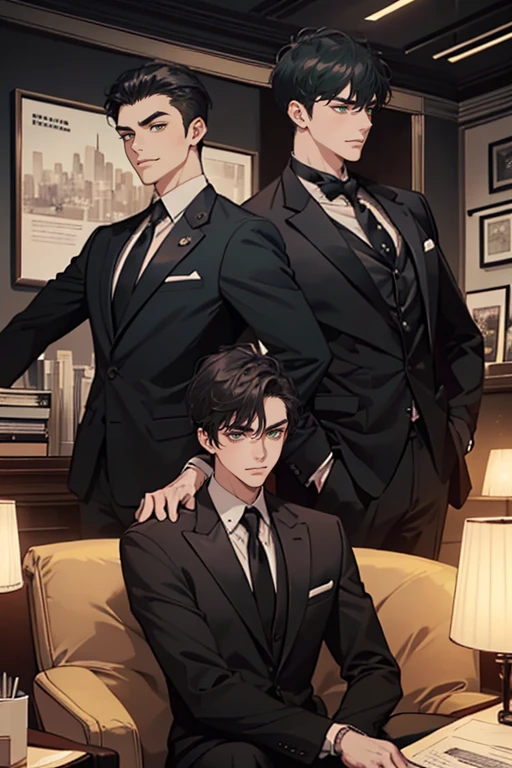 ((a young man in a black suit and tie)), taken in the early 2024s, gotham, alejandro, he looks very sophisticated, (((left side swept bang black short hair))), (dark green eyes and thick eyebrows), smirk. ((32 years old)), ((Black suite and black tie)), masterpiece, posture dynamic, one person, CEO, Office home.