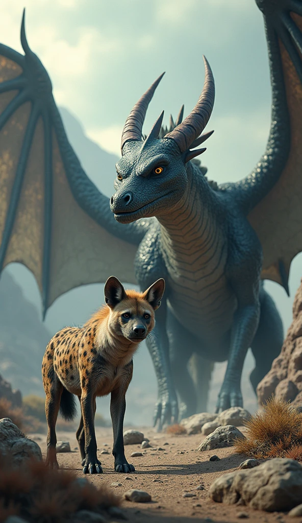 Realistic hyena and a dragon in one picture 