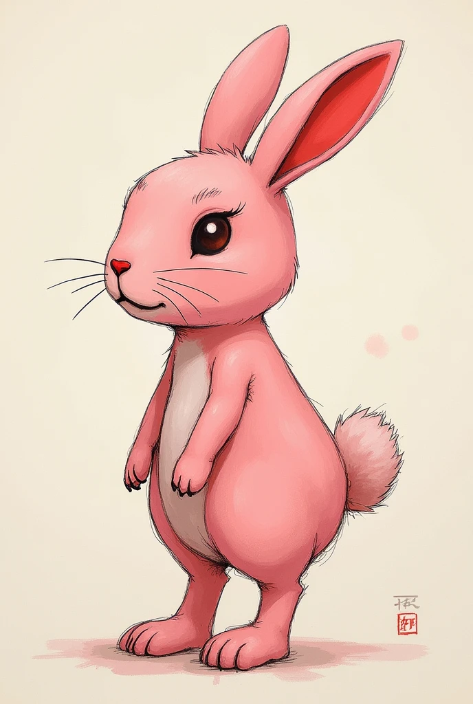 (masterpiece: 1.2, Highest quality),(Pink Rabbit)、Japanese painting, rough sketch, Horror elements、Full body portrait