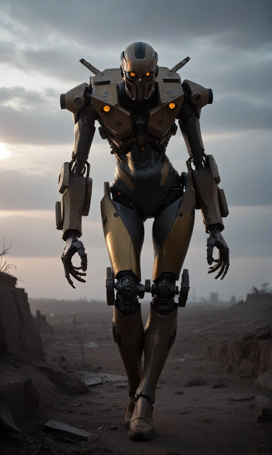 score_9, score_8_up, score_7_up, score_6_up, score_5_up, score_4_up, realistic style, photo, photorealistic, high detail, (sharp), BRAKE, woman, (cyborg), mechanical head, mechanical body, mechanical arms, mechanical legs, BRAKE, stands on the ruins of a destroyed city, (post-apocalyptic landscape), dark atmosphere, dark lighting, low light, cinematic, photo from a movie, g