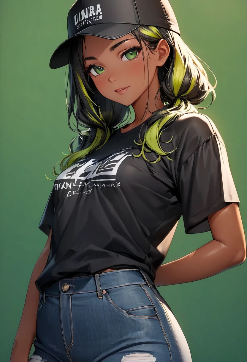 (highest quality:1.2, Very detailed, up to date, Vibrant, Ultra-high resolution, High Contrast, masterpiece:1.2, highest quality, Best aesthetics), Portraiture、girl、((25 years old:1.5)), (slim:1.2), 25-years-old, (black trucker cap:1.3), (black t-shirt), jeans, Bright colors、Beautiful fine details、Beautiful lip detail、long hair, (low ponytail:1.3), white and yellow green ((streaked hair:1.6)), highlights hair: 1.5, (small breast,:1) (tan skin:1.2), ((Plain green background:1.6)), lineart, ((two toned:1.7)), ((cowboy shot:1.5)), clean line drawings, standing, look at viewer, from front