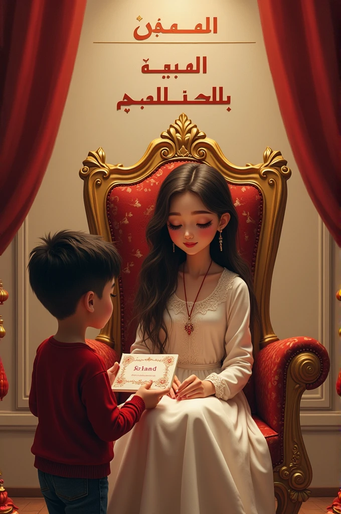 Create an realist image of a 18 year old girl named swastika who is sitting on a queen chair whome a boy named irfan give her a birthday wish and on the back side there is a wall on which swastika is written in English and Arabic