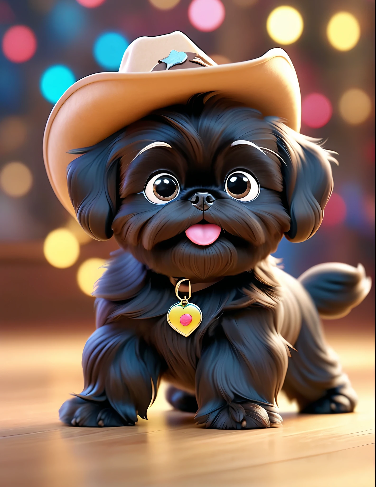 2 adorable black shih tzu puppies with big blue eyes, wearing colorful collers and cowboy hats, dancing on disney dance floor, 3D Pixar style,(best quality,4k,8k,highres,masterpiece:1.2),ultra-detailed,(realistic,photorealistic,photo-realistic:1.37),studio lighting,vivid colors,extremely detailed eyes and face,longeyelashes,cute,playful