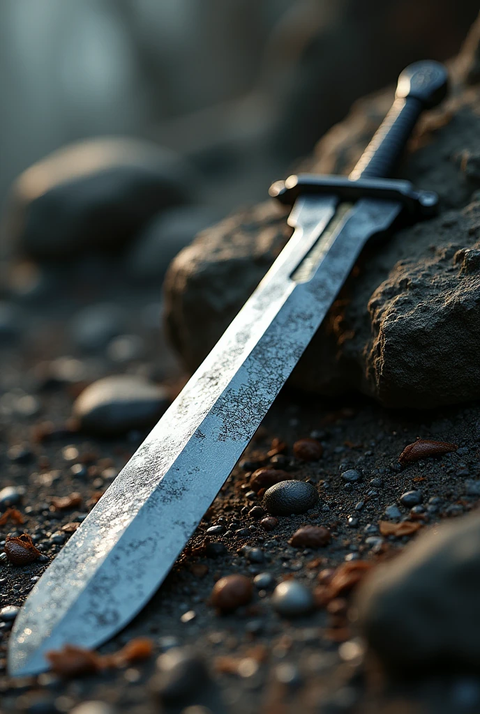 (Outstanding、Professional、Surreal) side view, full size, Detailed sword, Longsword, Duan Ping, Metallic texture, Lying on the ground