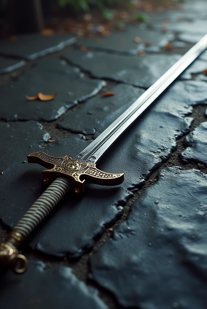 (Outstanding、Professional、Surreal) side view, full size, Detailed sword, Longsword, Duan Ping, Metallic texture, Lying on the ground