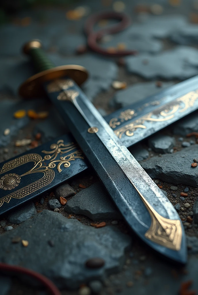 (Outstanding、Professional、Surreal) side view, full size, Detailed sword, Longsword, Duan Ping, Metallic texture, Lying on the ground