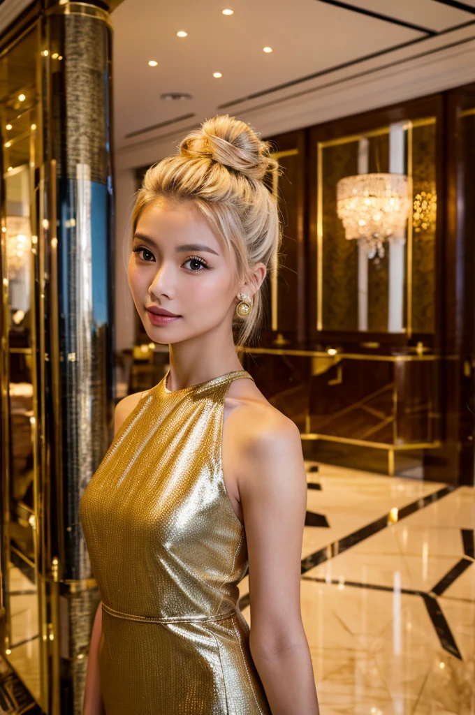 pretty eurasian woman, slim face, high cheekbones, cocktail dress  , blonde hair in chignon, in foyer of expensive hotel