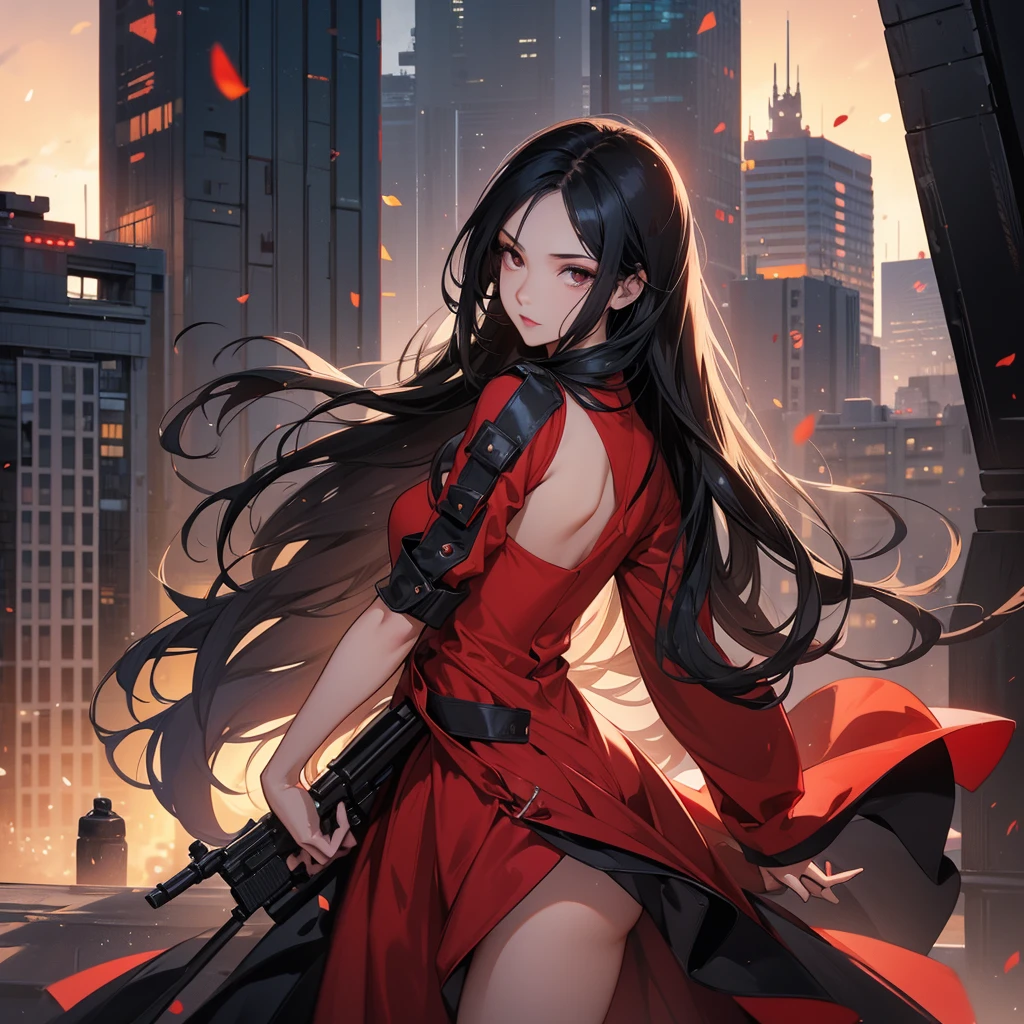 a beautiful woman with long black hair, wearing a tight red dress, standing holding a pistol, aiming the barrel at the bad guys, on a tall building, the sun is setting, close up.