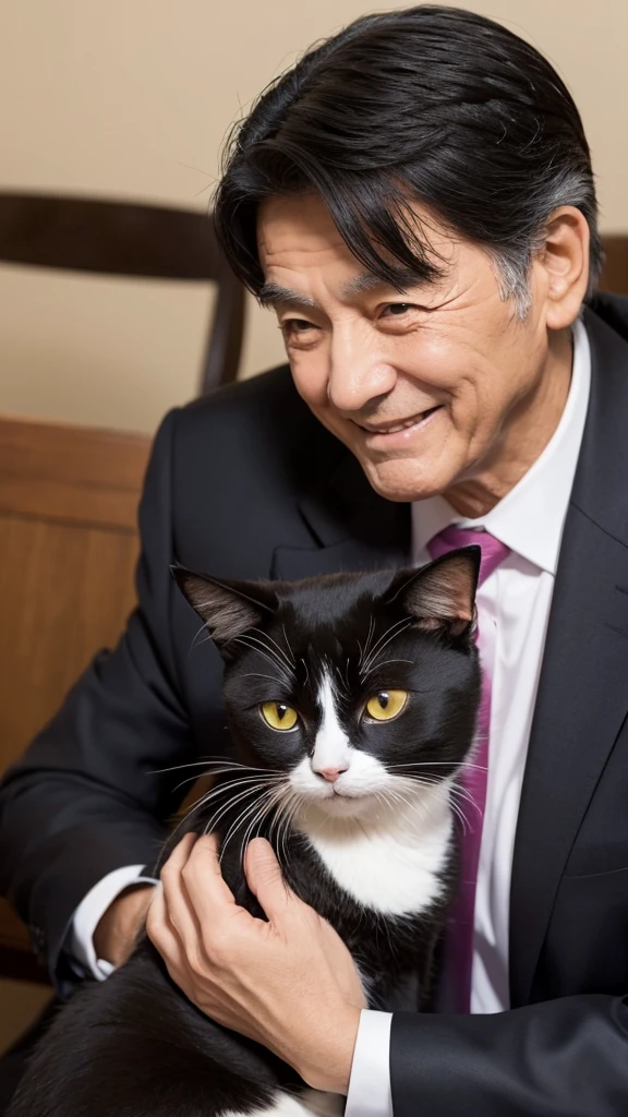 Cat and old man in suit with black hair, smile,