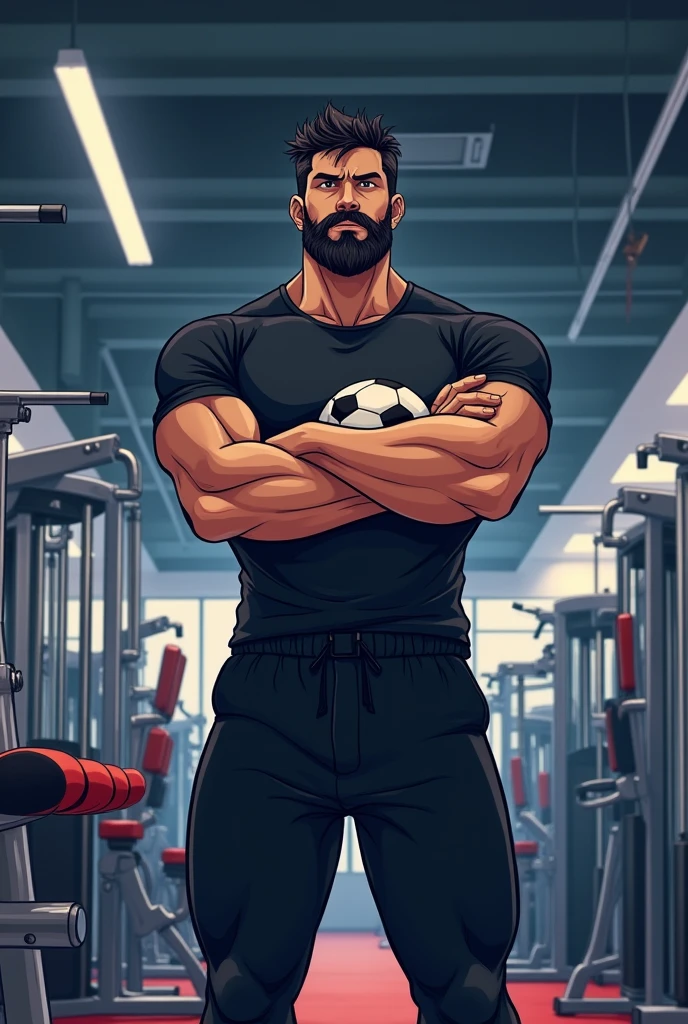 Imagine a man wearing black pant shirt with black beard with folded arms standing in front of fittness equipments inside a shop anime looking ahead and holding soccer