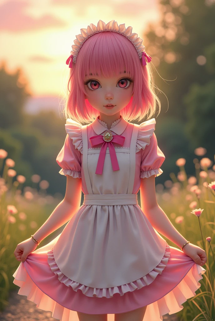 Top image quality、RAW photography、超A high resolution,best image quality、RAW photo、ultra high resolution,elegant、(masterpiece:1.2, highest quality), (realistic, photorealistic:1.4), beautiful illustrations, (natural side lighting, movie lighting), ((detailed maid outfit:1.5))
looking at the viewer,Front view, 1 girl, , perfect face, Cute symmetrical face, shiny skin,
(pink hair), long eyelashes, thin, beautiful thighs, beautiful hair, beautiful face, fine and beautiful eyes, beautiful body, beautiful breasts, beautiful thighs, beautiful feet, beautiful fingers,
((fine fabric texture)),
(beautiful scenery), evening, Are standing, (smile), (((dress lift, white Panties and stockings are visible)))