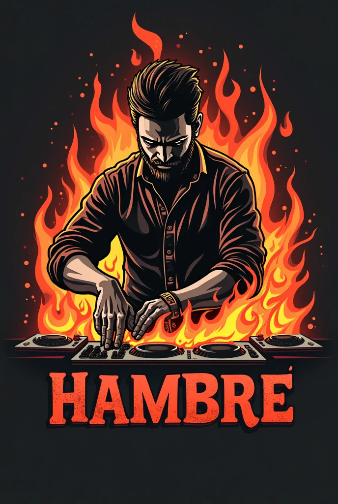 Create me a logo for a butcher shop that says “El mata Hambre” with a DJ who cooks and makes fire
