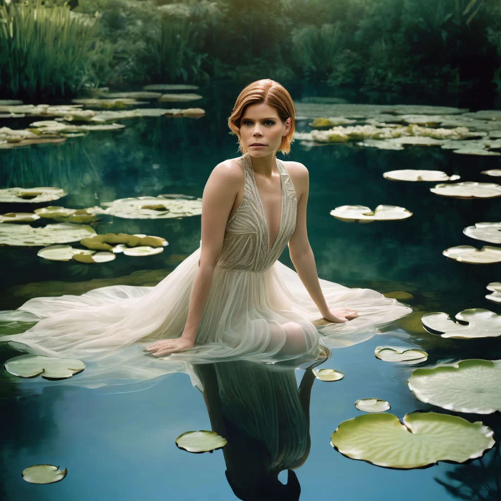 a lovely woman (Kate Mara, sheer airy gown) in a pond with lily pads in the water, in a pond, standing in a pond, floating in a powerful zen state, nymph in the water, sitting in a reflective pool, floathing underwater in a lake, sitting at a pond, in water up to her shoulders, the hair floats on the water, in a lake, in the water