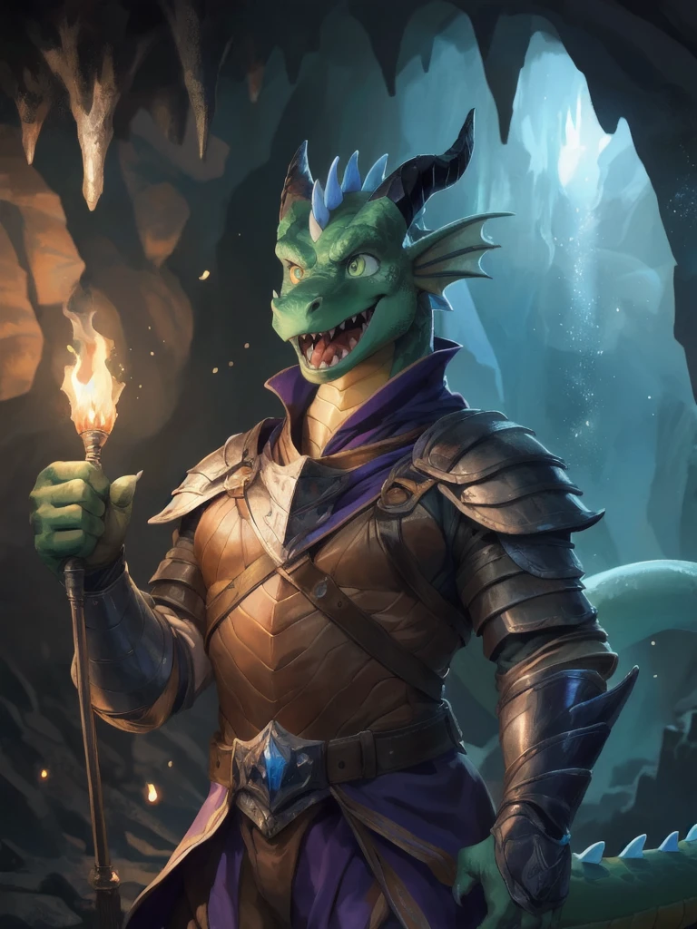 solo, male, adventurer, (male anthro dragon:1.3), (green body:1.1), yellow belly, (standing:1.3), (kemono:1.2), (cave:1.23), (leather armor), (excited:1.3), open mouth,  ,detailed eyes, dragon tail, horn, (bust portrait), (detailed eyes), (indoors:1.35), crystal, torch, smoke, dnd, (dark:1.4), (particles ,firefly, blue glowing:1.3), detailed background, 8k hd, (dark shadows, wide dynamic range, hdr, low light:1.2), by Pino Daeni, canyne khai, milkytiger1145, (bara), [dagasi, yupa], (((detailed eyes)))