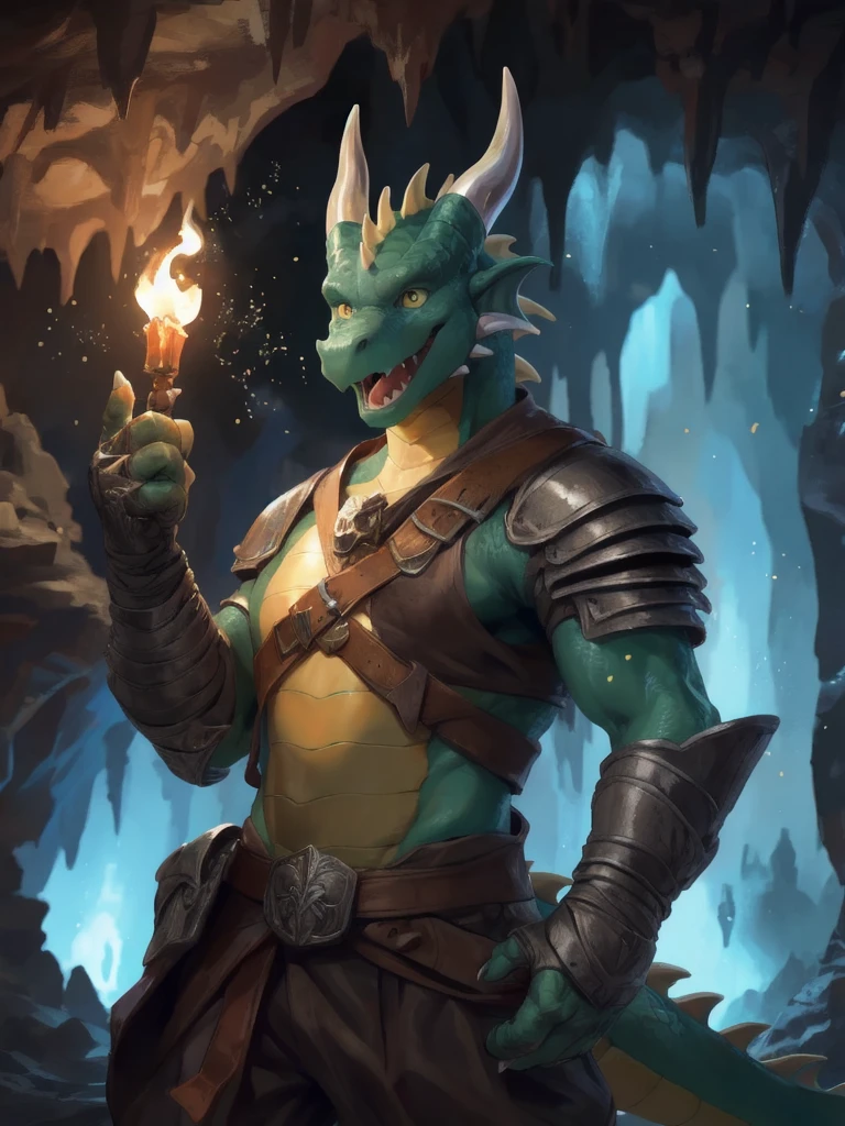 solo, male, adventurer, (male anthro dragon:1.3), (green body:1.1), yellow belly, (standing:1.3), (kemono:1.2), (cave:1.23), (leather armor), (excited:1.3), open mouth,  ,detailed eyes, dragon tail, horn, (bust portrait), (detailed eyes), (indoors:1.35), crystal, torch, smoke, dnd, (dark:1.4), (particles ,firefly, blue glowing:1.3), detailed background, 8k hd, (dark shadows, wide dynamic range, hdr, low light:1.2), by Pino Daeni, canyne khai, milkytiger1145, (bara), [dagasi, yupa], (((detailed eyes)))