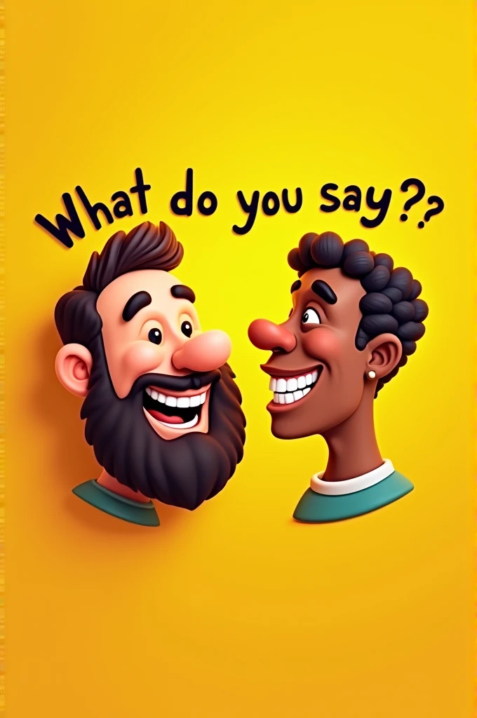 Create a yellow background flayer where a black text appears that says What do you say?? And only the disembodied face of a fat guy with a beard smiling and a skinny dark-skinned guy without a beard smiling come out and they come out really pretty so that it&#39;s a 2D cartoon style with the school style of nothing