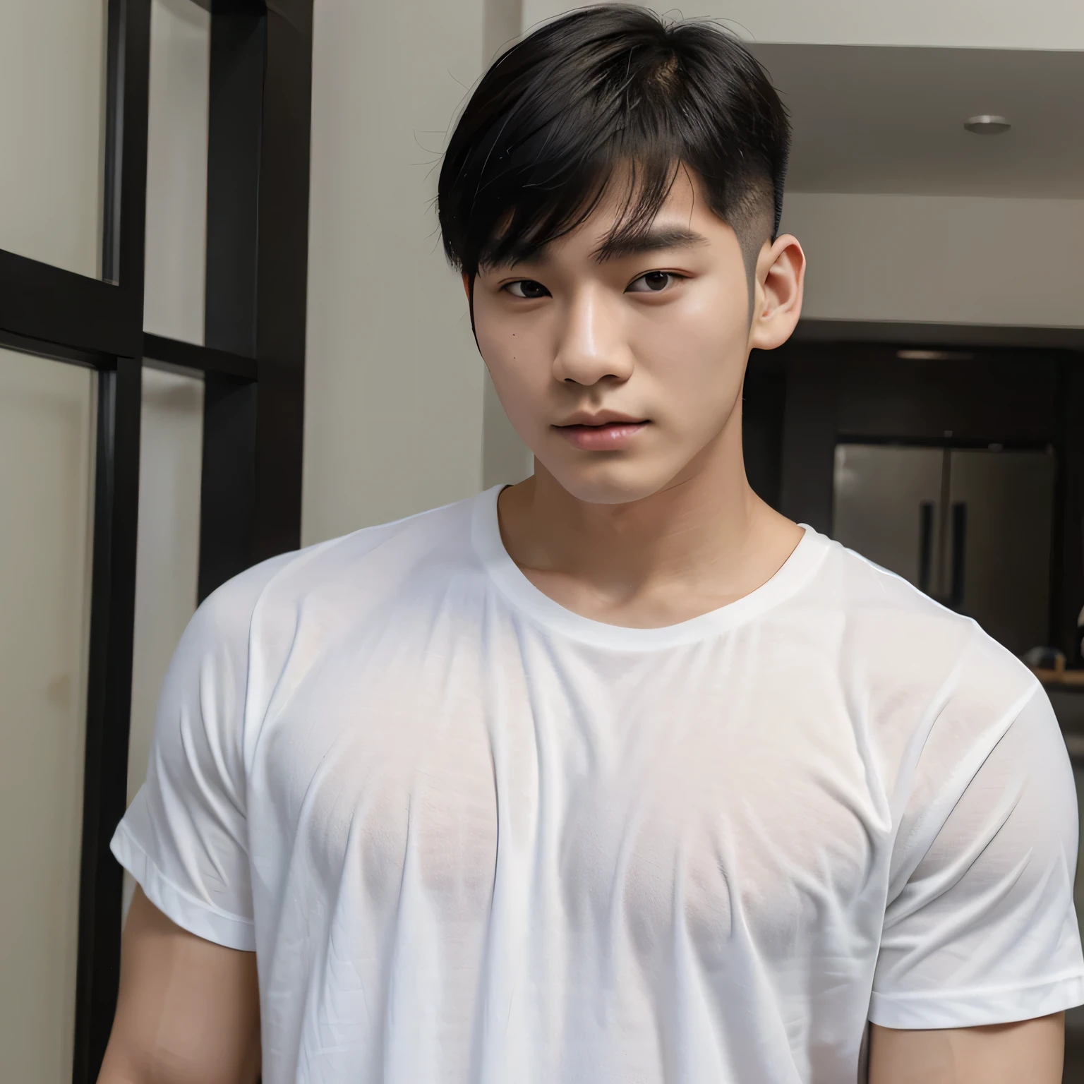 single: 1.5, (ที่TRUEแล้ว, Masterpiece, 8k HD, good light quality, sportswear, to fit the face, complicated details), A handsome Korean man with muscular arms.. , 20 years old, be happy, smile brightly, detailed face, delicate eyes, look at the sky, Wear a tight white t-shirt.:1.6 ., black eyes, Black hair color, ผมsmooth, smooth,SurTRUE,Excellent details,Highest quality,TRUE,Open your mouth to talk.. , Close your eyes.., (standing in the bathroom:1.5)