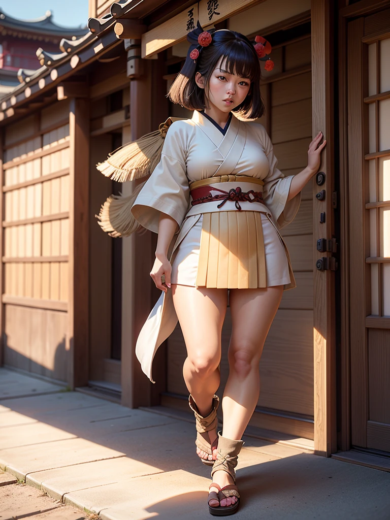 ( bangs, blunt bangs, brown hair, short hair, Straight hair, Depth of written boundary, f/4.0, 135mm, Nikon, uhd, masterpiece, Textured skin, Super detailed,4K,Wide-area lighting),(Beautiful woman: 1.4、Very white skin、Fine grain、 double eyelid)、(((Ninja clothing、Full body view、Sengoku period、Japanese-style building、Angry)))